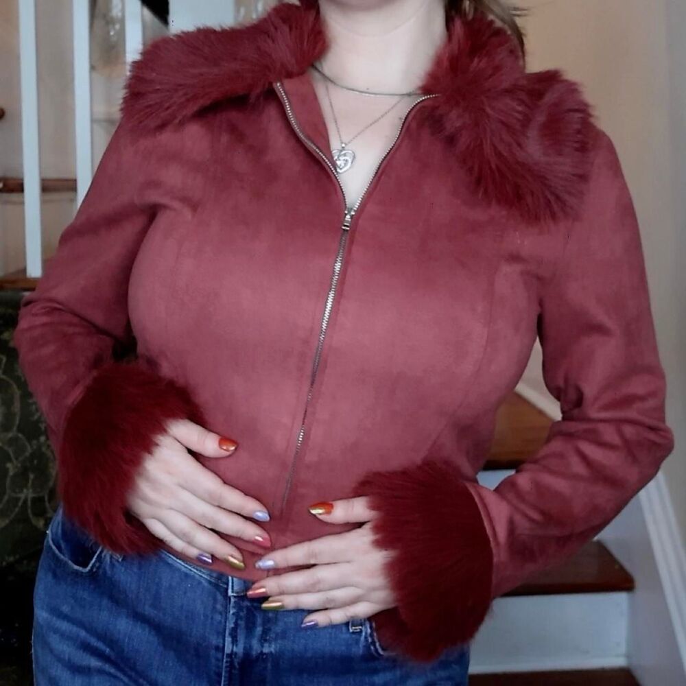 Burgundy Faux Suede Faux Fur Trim Jacket Sz XS Zip Up Forever 21 Penny Lane Y2K